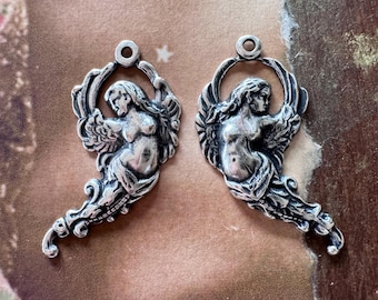Left and Right Art Nouveau Brass Angel Charms, Sterling Silver Finish, 30mm x 14mm