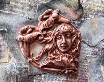 Art Nouveau Brass Heart with Lady and Calla Lilies, ROSE OX