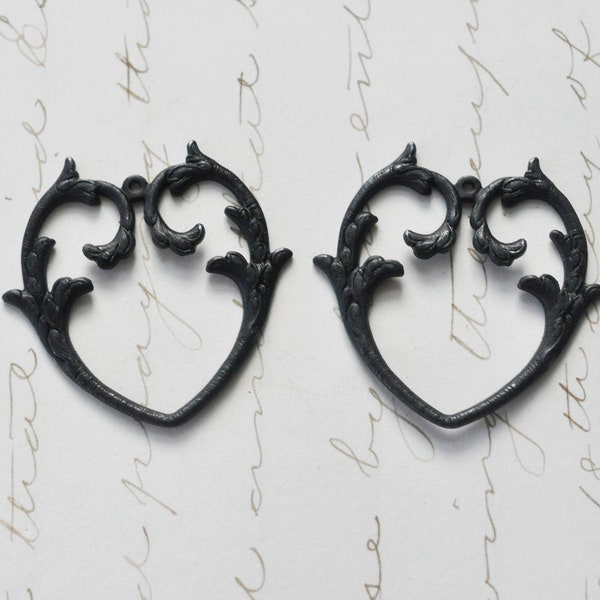 Two Curvy Heart Brass Charms, Black Satin Finish,  TWO