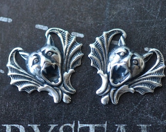 Mini Vampire gargoyles, Brass Stampings, Sterling Silver Finish, TWO