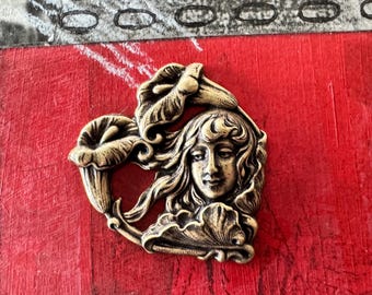 Art Nouveau Brass Heart with Lady and Calla Lilies, Brass Ox