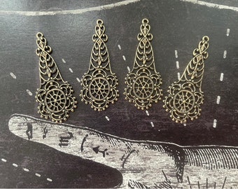 Boho Filigree Drops, Brass Stampings, Sterling, Brass Ox, FOUR