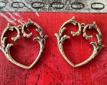 Curvy Heart Brass Charms, Brass Ox, (Set of Two)