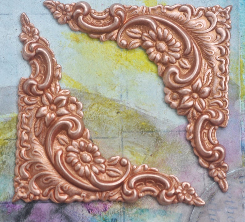 Two Decorative Brass Scrapbooking Or Photo Corners Rose Gold Etsy
