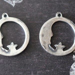 Small Moon and Star Charms, Brass Stampings, Sterling Silver Finish, FOUR image 3