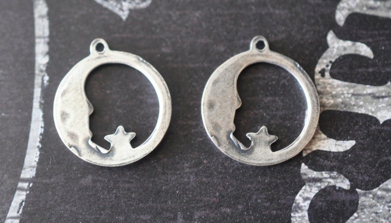 Small Moon and Star Charms, Brass Stampings, Sterling Silver Finish, FOUR image 3