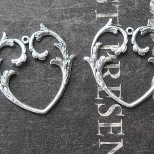 Curvy Brass Heart Charms in Sterling Silver Finish, TWO