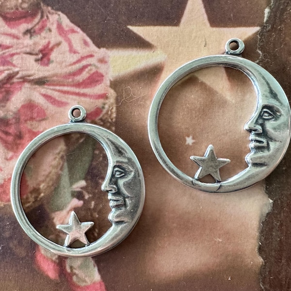 Moon and Star Charms, Brass Stampings, Sterling Silver Finish, TWO