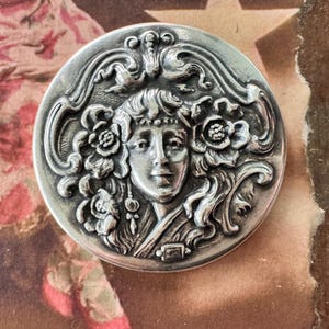 Art Nouveau Lady Brass Medallion, Sterling Silver Finish