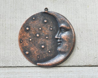 Moon and Star brass pendant, Machinist Patina