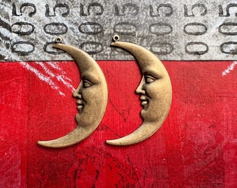 Crescent Moon Charms, WITH HOOP, Brass Stampings, Brass Ox, TWO
