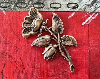 Poppy Flower Brass Stamping, Brass Ox, 58mm