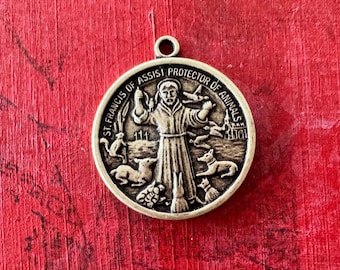 St. Francis of Assisi Brass Medal Charm, Brass Ox finish, 1"