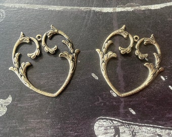 Two Curvy Heart Brass Charms, Brass Ox,  TWO