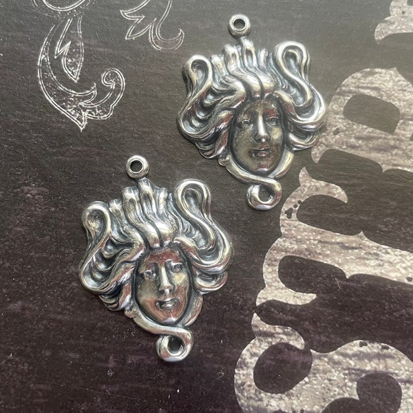 Brass Medusa Head Charms, Sterling Silver Finish, TWO