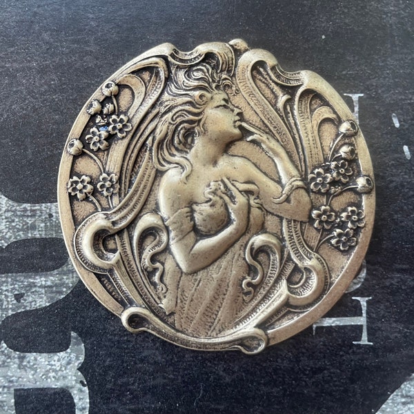 Art Nouveau Goddess Brass Ornament in Brass Ox finish, 54mm