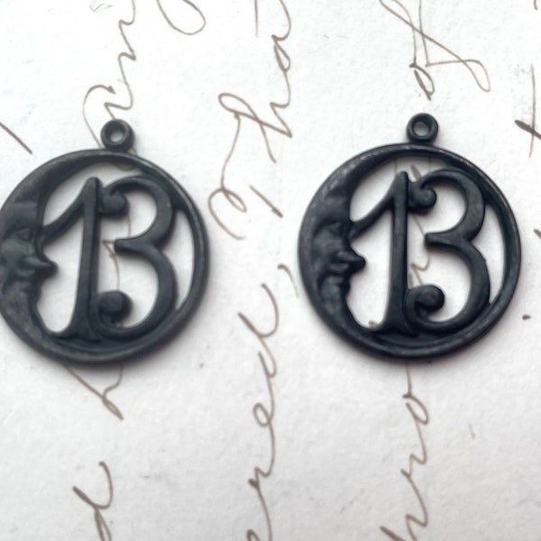 Number 13 Charms, Brass Stampings, Black Satin Finish, TWO