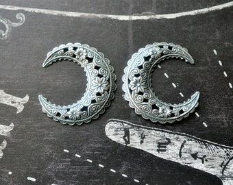 Small Dapped Gypsy Brass Crescents, Sterling Silver Finish, TWO