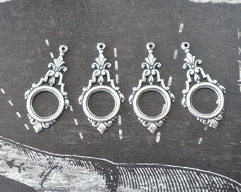 Boho Earring Findings, 11mm Bezel, Brass Stampings, Sterling Silver Finish, FOUR