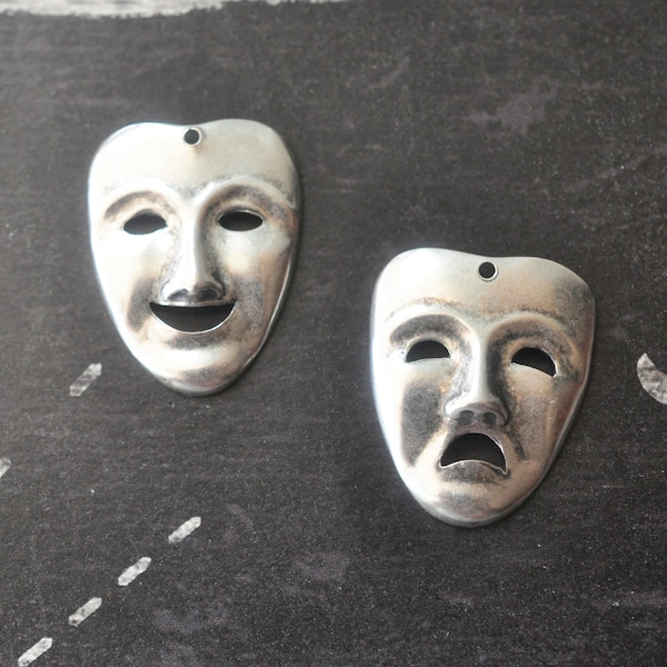 Brass Comedy & Tragedy Masks Charms, Sterling Silver Finish, ONE SET