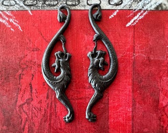 Left and Right Gargoyles, Brass Stampings, Black Satin Finish, ONE SET