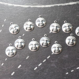 Full Moon Face Charms, Brass Stampings, Sterling Silver Finish, TWELVE