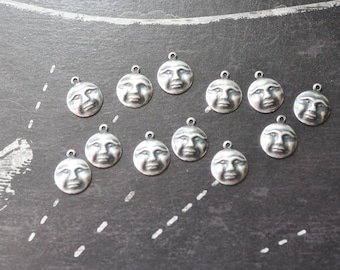 Full Moon Face Charms, Brass Stampings, Sterling Silver Finish, TWELVE