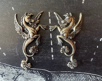 Left and Right Pegasus Brass Stampings in Brass Ox Finish, ONE SET
