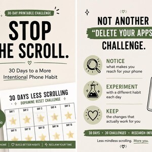 Reto de 30 días para restablecer la dopamina / Deja de desplazarte por la pantalla / Registro del tiempo frente a la pantalla / Guía imprimible para desintoxicarte del teléfono / PDF para el uso consciente del teléfono