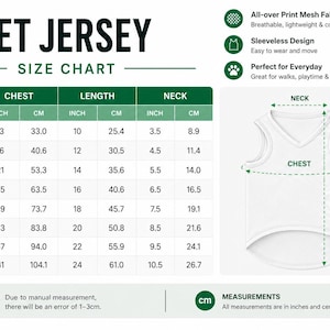 Puede incluir: Una tabla de tallas para camisetas de mascotas con tallas de S a 5XL, que enumera medidas de pecho, largo y cuello en pulgadas y cent&iacute;metros. Un diagrama de una camiseta sin mangas muestra d&oacute;nde medir, con texto sobre la tela de malla.