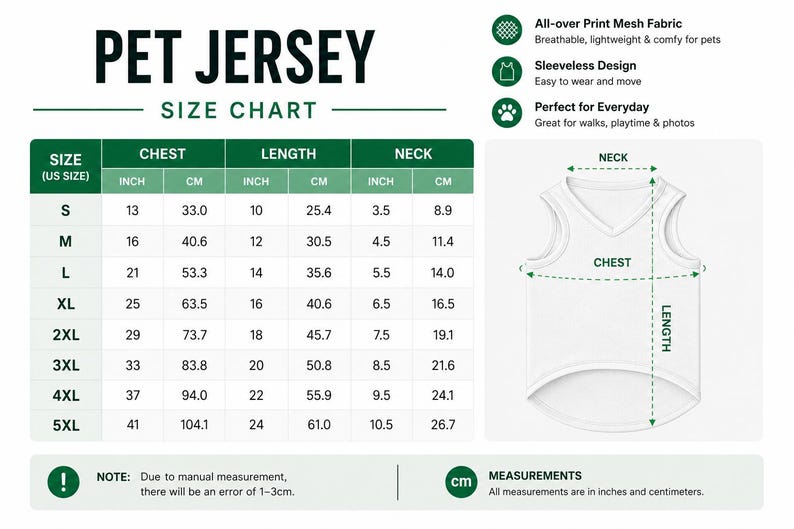 Puede incluir: Una tabla de tallas para camisetas de mascotas con tallas de S a 5XL, que enumera medidas de pecho, largo y cuello en pulgadas y cent&iacute;metros. Un diagrama de una camiseta sin mangas muestra d&oacute;nde medir, con texto sobre la tela de malla.