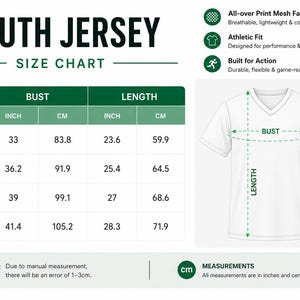 Puede incluir: Una tabla de tallas para camisetas juveniles con medidas de busto y largo en pulgadas y cent&iacute;metros para las tallas YS, YM, YL y YXL. El gr&aacute;fico incluye una ilustraci&oacute;n de una camiseta blanca con cuello en V y l&iacute;neas discontinuas.