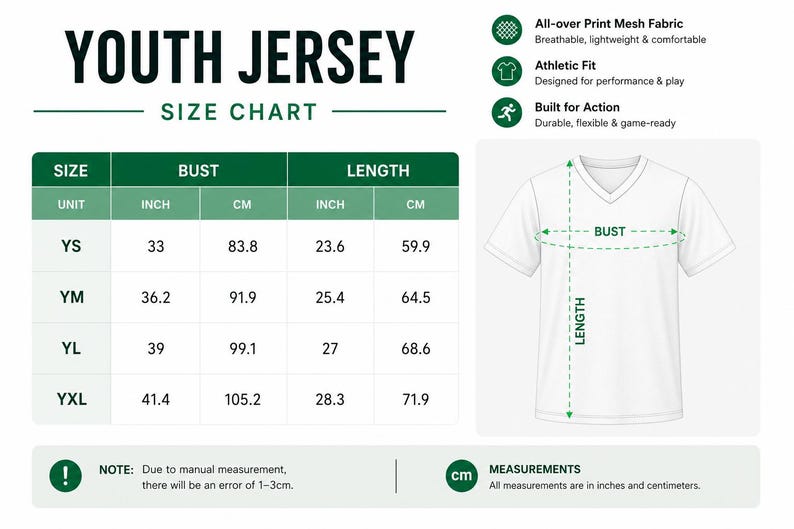 Puede incluir: Una tabla de tallas para camisetas juveniles con medidas de busto y largo en pulgadas y cent&iacute;metros para las tallas YS, YM, YL y YXL. El gr&aacute;fico incluye una ilustraci&oacute;n de una camiseta blanca con cuello en V y l&iacute;neas discontinuas.