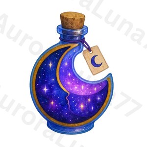 May include: A blue potion bottle with a cork stopper and a tag. The bottle features a crescent moon design filled with a starry night sky. The moon has a face silhouette. The tag has a crescent moon.