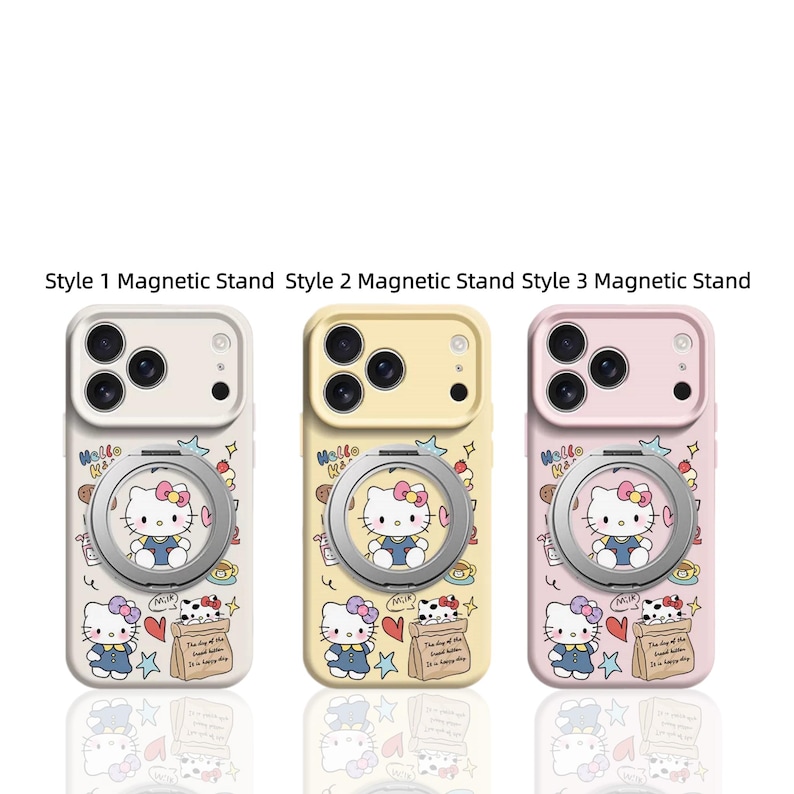 May include: Three phone cases with magnetic stands, each featuring a Hello Kitty design. The cases are in cream, yellow, and pink. Each case has a ring holder and a design with Hello Kitty, hearts, and text.