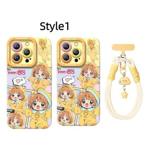 May include: Two phone cases with a cartoon illustration of a character in a yellow outfit, with the text "Good Luck" and Japanese text. A matching yellow and white phone strap with a cloud and star charm is also included.