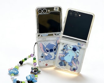 Cute Stitch Case for Samsung Galaxy Z Flip 7/6/5/4/3 - Clear Foldable Phone Cover with Charm Chain & Stand