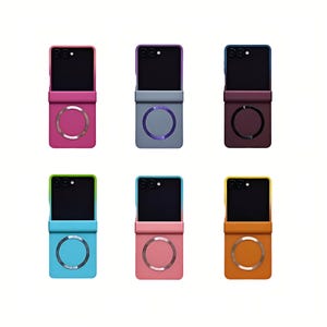 May include: Six open flip phones in various colours are displayed. The phones have black screens and are in shades of pink, grey, dark red, blue, light pink, and orange. Each phone features a circular design element on the lower half.