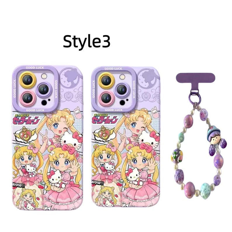 May include: Two lavender phone cases with a cartoon design featuring a blonde girl and a white cat. A beaded phone charm with purple, pink, and blue beads is also shown. The text "GOOD LUCK" is printed on the phone cases.