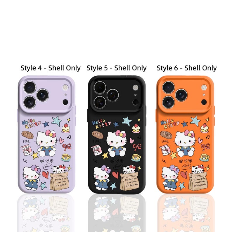 May include: Three phone cases featuring a Hello Kitty design. The cases are in lavender, black, and orange. Each case has the text "Hello Kitty" and illustrations of stars, food, and a cat.