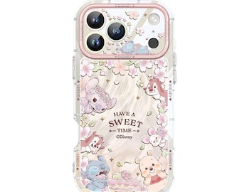 Disney All-Star Cherry Blossom iPhone Case | Glossy Iridescent Cover | Stitch, Pooh & Bambi Design for iPhone 17/16/15/14/13/12/11/X/7