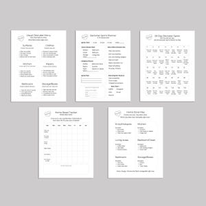 Puede incluir: Un conjunto de seis gu&iacute;as imprimibles en blanco para ordenar y organizar. Las gu&iacute;as incluyen un men&uacute; visual de limpieza, un planificador de sprint de limpieza, un sprint de limpieza de 30 d&iacute;as, un rastreador de reinicio dom&eacute;stico y un mapa de zonas del hogar.