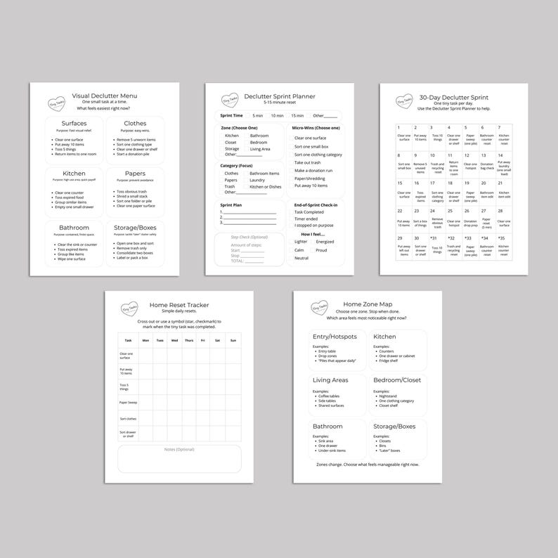 Puede incluir: Un conjunto de seis gu&iacute;as imprimibles en blanco para ordenar y organizar. Las gu&iacute;as incluyen un men&uacute; visual de limpieza, un planificador de sprint de limpieza, un sprint de limpieza de 30 d&iacute;as, un rastreador de reinicio dom&eacute;stico y un mapa de zonas del hogar.