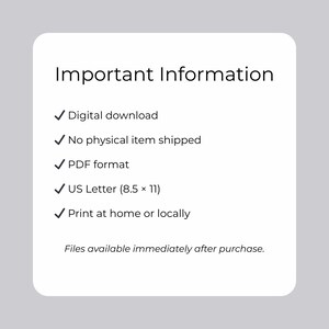 Puede incluir: Fondo blanco con el texto "Informaci&oacute;n importante" y vi&ntilde;etas. Las vi&ntilde;etas indican: Descarga digital, no se env&iacute;a ning&uacute;n art&iacute;culo f&iacute;sico, formato PDF, US Letter (8,5 x 11) e Imprimir en casa o localmente. El texto en la parte inferior dice "Archivos disponibles inmediatamente despu&eacute;s de la compra."