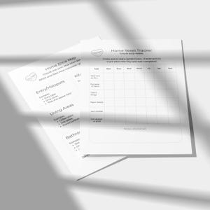Può includere: Due fogli bianchi stampabili con testo. Un foglio è una mappa delle zone della casa e l'altro è un tracker di ripristino della casa. Il tracker ha una griglia per le attività quotidiane. La mappa elenca ingressi/hotspot, aree living e zone bagno.
