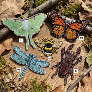 May include: Five embroidered insect and butterfly patches labeled 01 through 05. Patch 01 is a light green moth, 02 is an orange and black monarch butterfly, 03 is a blue dragonfly, 04 is a brown stag beetle, and 05 is a yellow and black bumblebee.