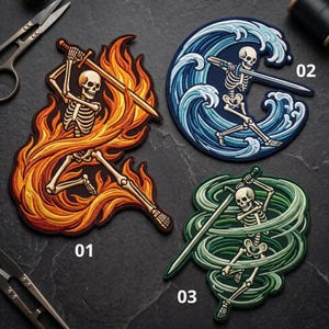 May include: Three embroidered patches featuring skeletons wielding swords. Patch 01 shows a skeleton in orange and yellow flames. Patch 02 shows a skeleton in blue ocean waves. Patch 03 shows a skeleton in a green swirling wind vortex.