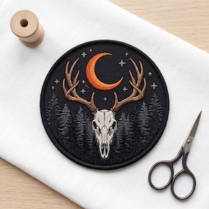 Custom Embroidered Patch Iron On Patch Deer Skull Patch Gothic Forest Patch Moon Antler Patch Dark Nature Patch Backpack Jacket Hat Applique