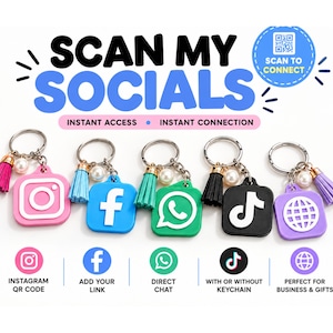 May include: Five square keychains featuring social media icons for Instagram, Facebook, WhatsApp, TikTok, and a website globe. Each includes a matching colored tassel and a white pearl bead on a silver ring. Text reads SCAN MY SOCIALS.