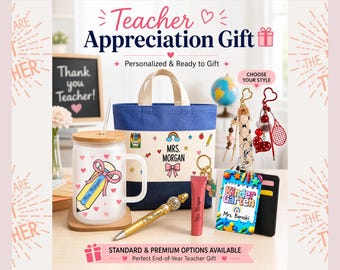 May include: A blue and white canvas tote bag, a frosted glass tumbler with a bamboo lid and straw, a gold pen, a pink lip balm, and a colorful Kindergarten ID badge. The items feature personalized text including Mrs. Morgan and Mrs. Boroski.